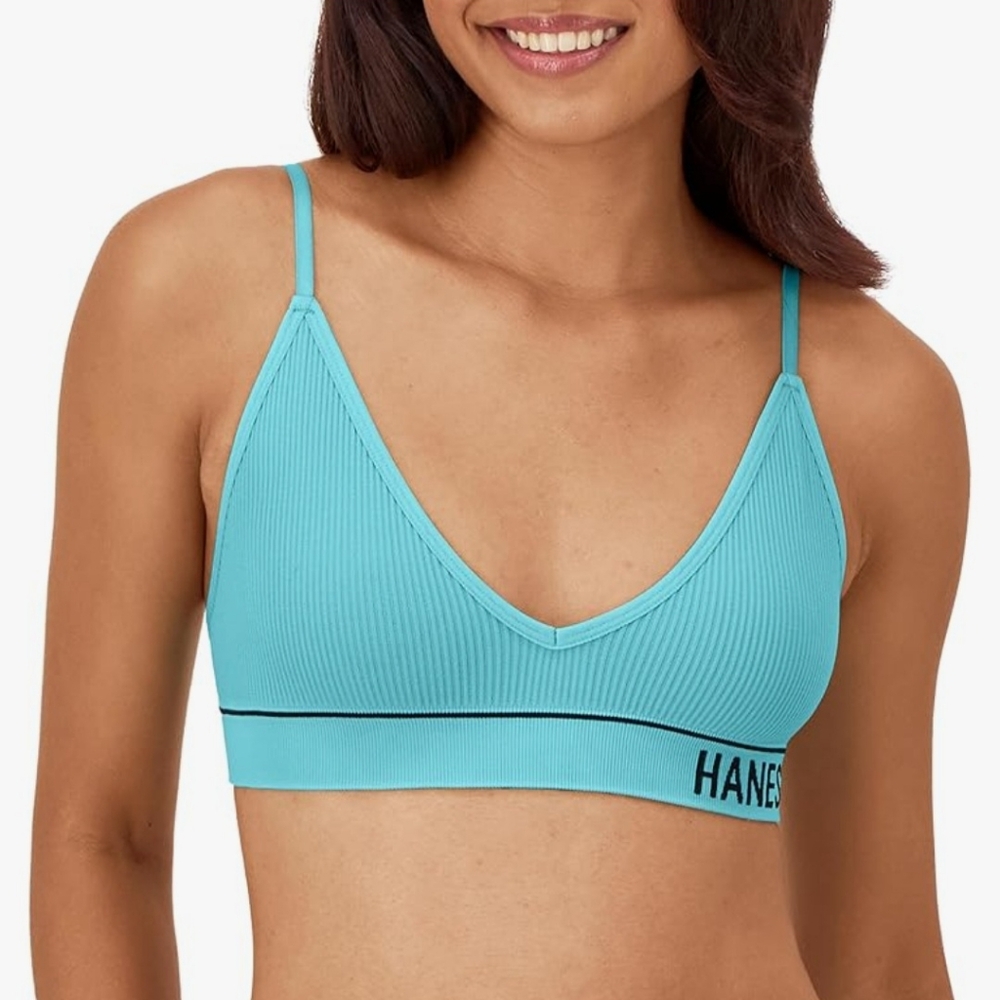 Hanes Women’s ComfortFlex Seamless Rib Triangle Bralette Small Teal Tone